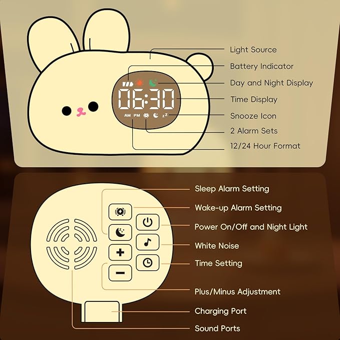Bunny Alarm Clock with Night Light for Kids with Sleep Training and Sound Machine, Rechargeable Silicone Lamp OK to Wake Clock,Cute Animal Tabletop Lamp, Perfect Sleep Companion for Boys Girls