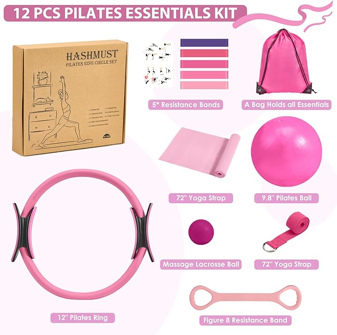 HASHMUST Pilates Ring Kit 12 PCS for Women, Home Workout Equipment with Magic Circle, Mini Exercise Ball, Resistance Bands, Massage Lacrosse, Yoga Strap, Full-Body Fitness Set for Toning & Gift
