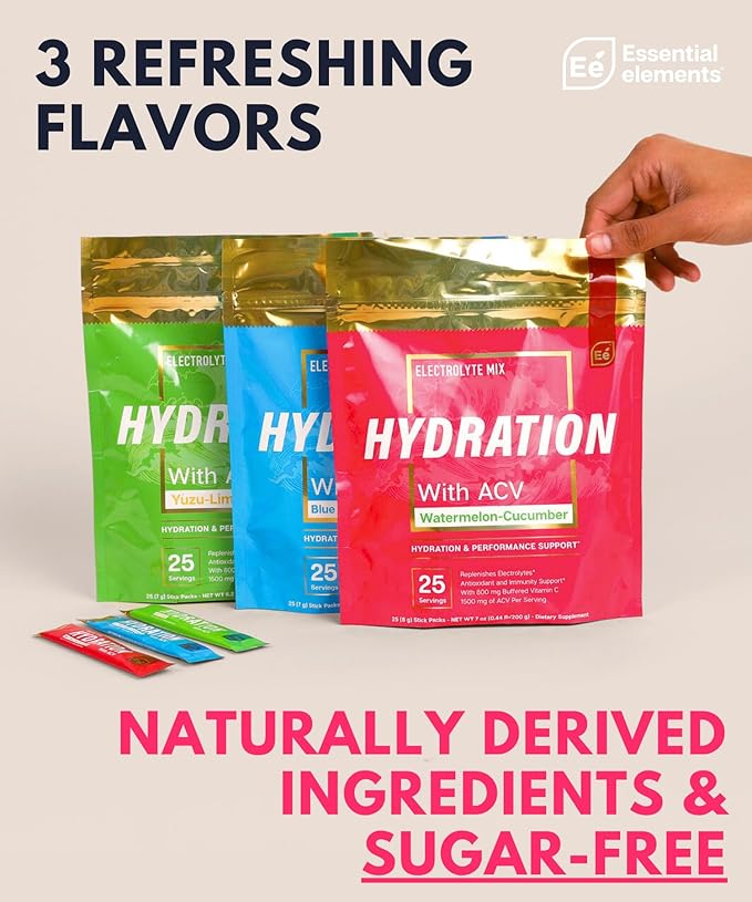 Essential Elements Hydration Packets - Electrolytes Powder Packets Sugar Free - 24 Stick Packs of Electrolytes Powder No Sugar - Electrolyte Water Drink Mix with ACV & Vitamin C - Variety Pack