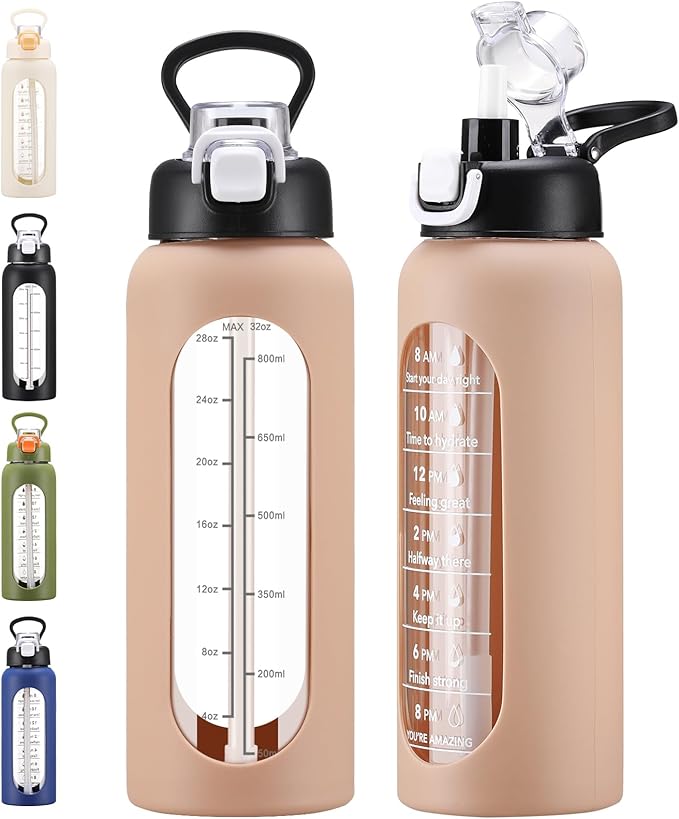 32 oz Glass Water Bolttles with Straw Large Motivational Water Bottle with Time Marker Sports Water Bottles with Silicone Sleeve and Handle Lid Water Jug for Gym Workout