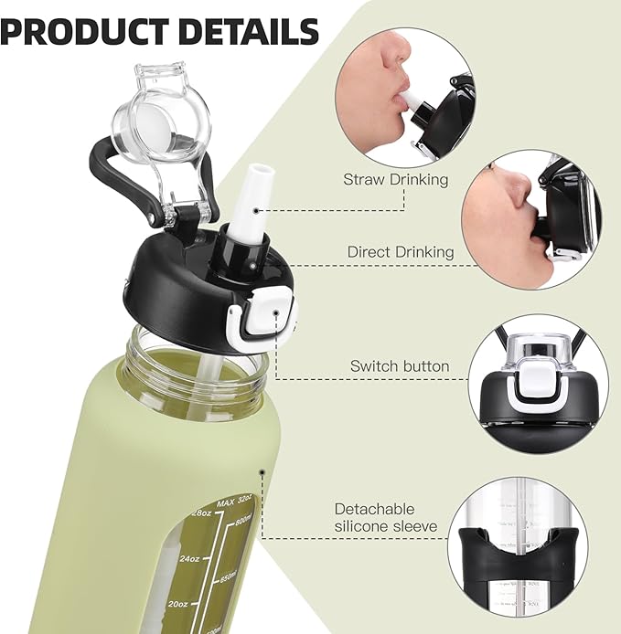 32 oz Glass Water Bolttles with Straw Large Motivational Water Bottle with Time Marker Sports Water Bottles with Silicone Sleeve and Handle Lid Water Jug for Gym Workout