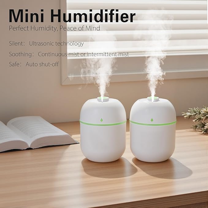 2 Pcs 220ML Small Diffuser Humidifier, Mini Aromatherapy Diffuser for Home, Office, Bedroom, Spa, Yoga Room, Car Air Humidifier with 5 Color Light, Timer, Auto Shut-Off, 2 Mist Modes -White