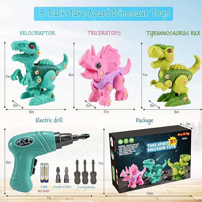 FREE TO FLY Dinosaur Toys for 3 4 5 6 7 8 Year Old: Take Apart Dinosaur Learning Toys for Kids 3-5 5-7, STEM Building Construction Set with Electric Drill, Birthday Girls Boys