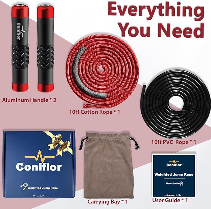 Weighted Jump Rope, 1LB Tangle-Free Ball Bearing Rapid Speed Skipping Rope for Men Women, Adjustable 9mm Cotton & PVC Rope with Alum Handle for Boxing MMA Weight-Loss Athletic Workout Fitness