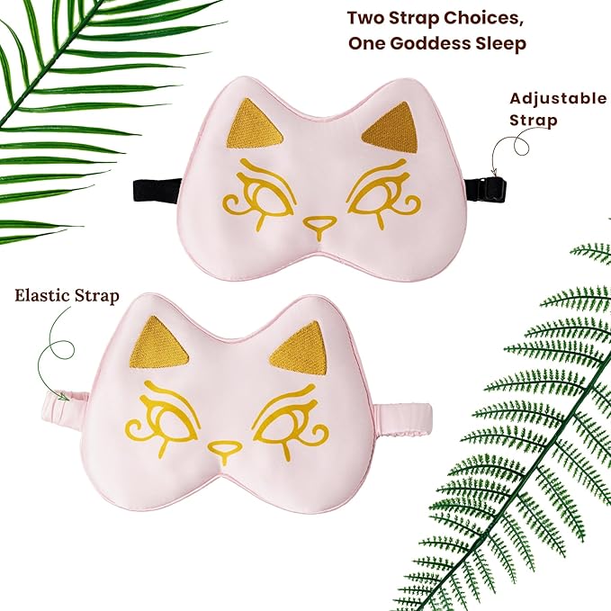 Silk Sleep Mask Blindfold Eye Mask for Sleep Cute Cat Print Embroidered Eye Cover Adjustable Oversized Egyptian Bastet with Gift Box&Pouch(Hathor Blush-Elastic Strap)