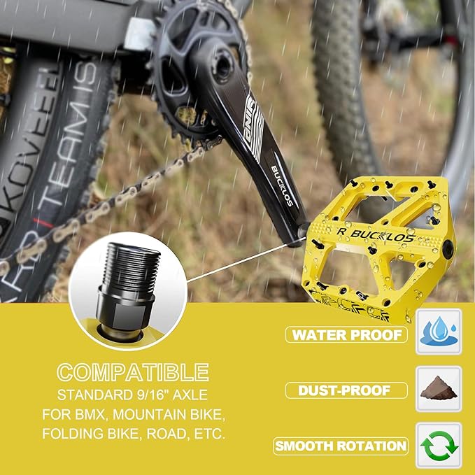 BUCKLOS Mountain Bike Pedals MTB Pedals Flat, Adult Bicycle Road Bike Large Platform Nylon Non-Slip Pedal for Gravel Bike/Hybrid Bike 9/16"
