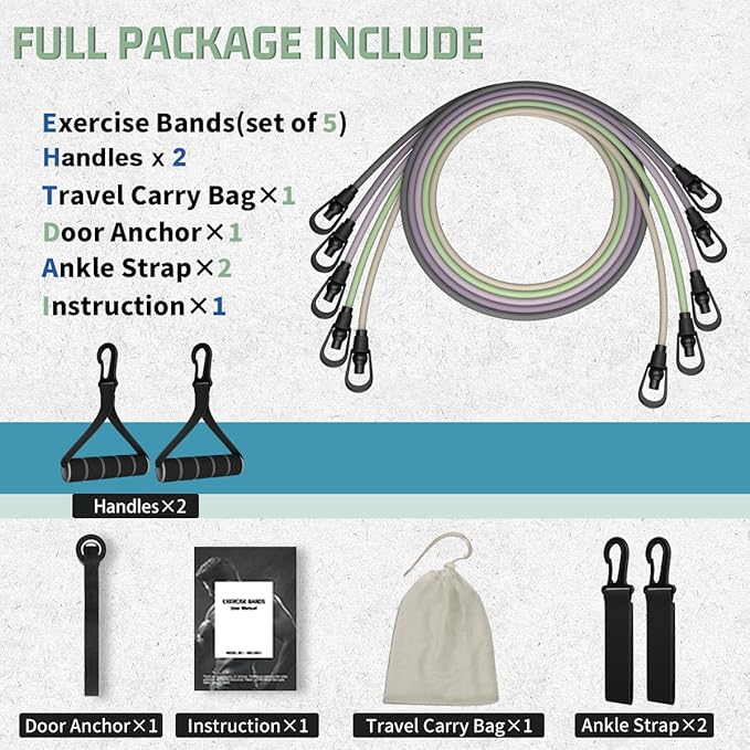 VEICK Resistance Bands, Exercise Bands for Working Out with Handles, Elastic Workout Bands for Men Women, Exercising Bands for Strength Training Equipment at Home Gym