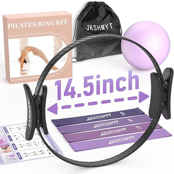 JKSHMYT Silicone Pilates Ring-14.5" Home Pilates kit with Padded Handles, Mini Ball, Resistance Bands, Guide & Bag, Better me Pilates Essentials Circle Set for Workouts Women
