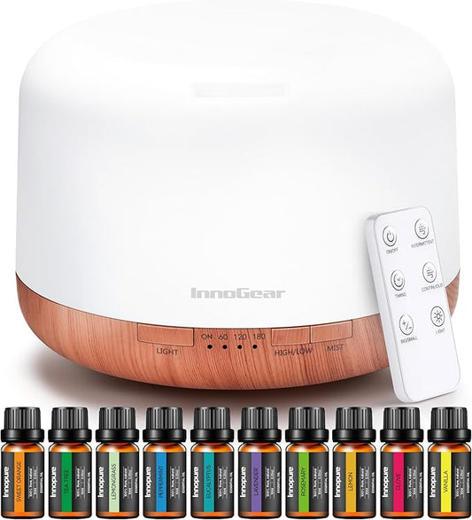 InnoGear Aromatherapy Diffuser & 10 Essential Oils Set, 500ml Essential Oil Diffuser with Remote Control Ultrasonic Cool Mist Scent Humidifier Vaporizer Auto-Off Timer for Room Office Home, Yellow
