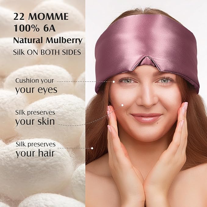 YFONG 100% Mulberry Silk Sleep Mask, Total Blackout Eye Mask for Women & Men, 22 Momme 6A Grade Silk with Adjustable Band Designed for Side Sleeper Pink