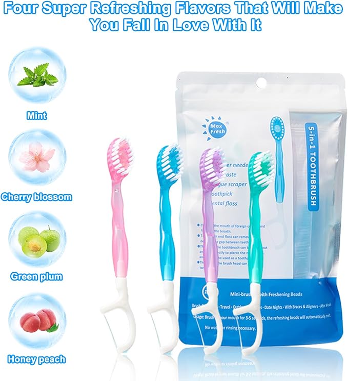 5 in 1 Toothbrush & Floss, 26Pcs mini toothbrushes with Toothpaste, All in one Oral Care on The go, 5 in 1 mini Brush, Toothpaste and Floss, Disposable Travel Toothbrush Set (1)