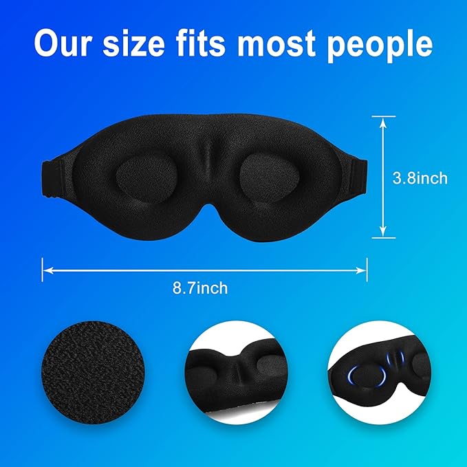 3D Sleep Mask, 100% Blackout 3D Contoured Sleep Eye Mask, Comfortable & Super Soft Sleeping Mask with Adjustable Straps for Women, Men, Sleeping Travel Yoga Naps