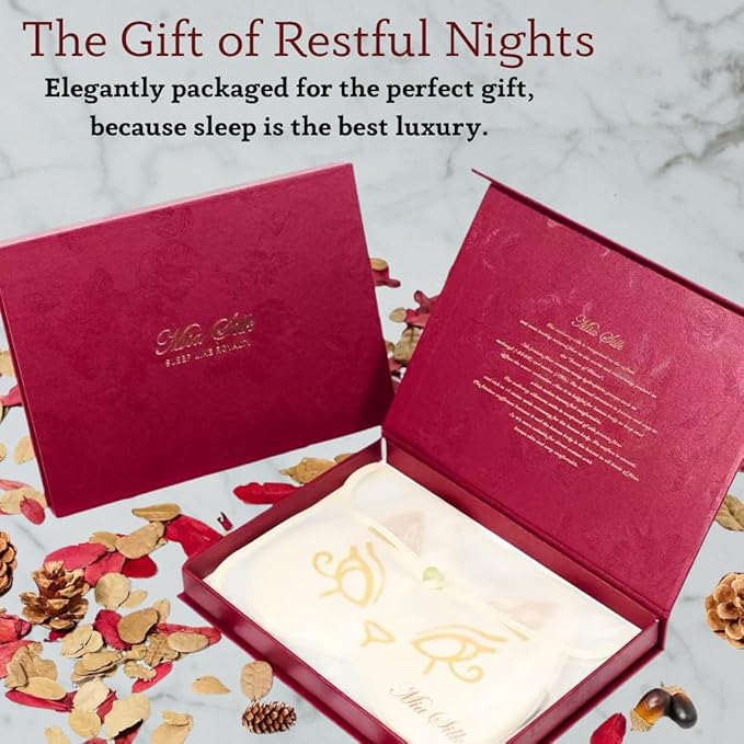 Silk Sleep Mask Blindfold Eye Mask for Sleep Cute Cat Print Embroidered Eye Cover Adjustable Oversized Egyptian Bastet with Gift Box&Pouch(Isis Ivory-Adjustable Strap)