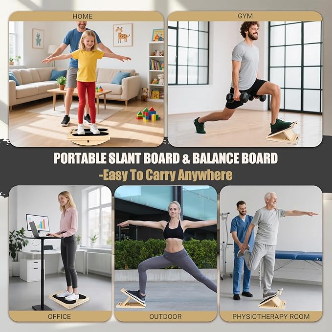 3-in-1 Wooden Slant Board & 180°/360° Balance Board, Portable 6 Angle Adjustable Calf Stretcher with Training Poster, Anti-Slip 300LBS Wobble Board for Physical Therapy, Standing Desk & Core Strength
