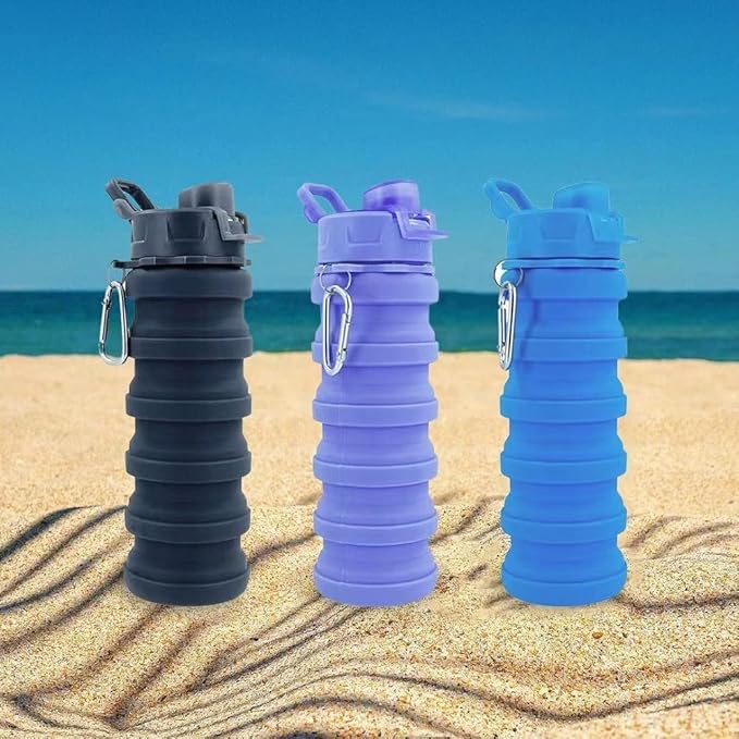 Collapsible Water Bottles 2 Pack Silicone Water Bottle with Carabiner Expandable Water Bottle 500ml Portable Sport Water Bottle for Travel Camping.(Black+Purple)