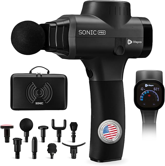 LifePro Sonic Pro Handheld Electric Massage Gun – Deep Tissue Percussion Massager Gun with 10 Speeds & 9 Heads – Muscle Massager for Athletes Back, Legs, Arms