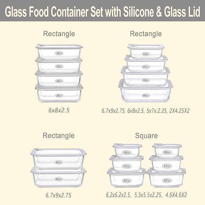 Glass Food Containers with Glass Lid, Microwave Safe Food Storage Container Set, 4 Pack of 35oz, Large Size Airtight Storage Set with Leak Proof Lids, Meal Prep Containers