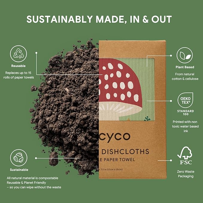 RECYCO Swedish Dishcloths for Kitchen | 6 Packs Forest Mushroom Washable Dish Rags | Cellulose Reusable Cleaning Paper Towels | Absorbent Counter Dish Cloth Sponge Kitchen Wipes, 8" L x 7" W
