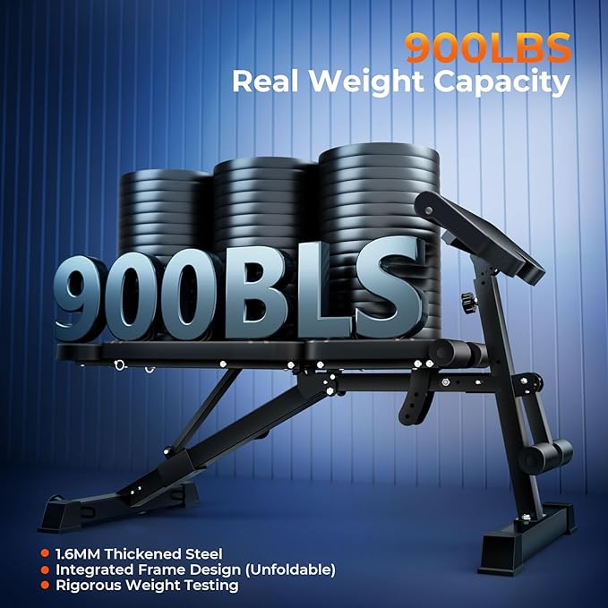 900LBS Adjustable Weight Bench, Multi-Functional Workout Bench Press with Preacher Curl Pad for Home Gym Exercise, Roman Chair Ab for Hyper Back Extension, Flat Incline Decline Bench for Full Body