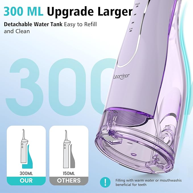 Leominor Water Dental Flosser Pick for Teeth, 300ML Portable Oral Irrigator Upgraded Tank Removable,IPX7 Waterproof, Rechargeable Travel Teeth Cleaner, Professional Electric Flossing Machine(T-Purple)