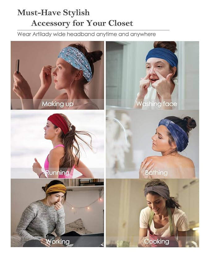 Artilady 7" Wide Headbands for Women Extra Large Stretchy Headwrap Soft Elastic Non Slip Head Bands Sports Yoga Running Hair Bands Boho Turban Hair Accessories 6 PCS
