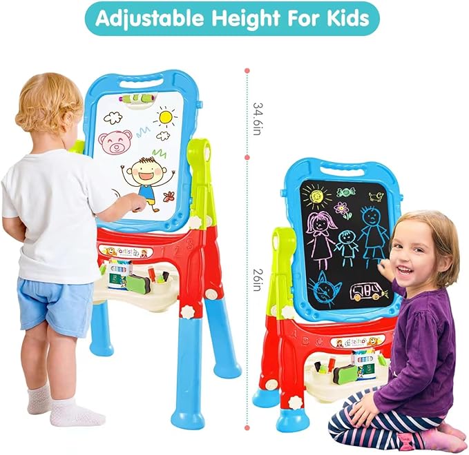 Amagoing Easel for Kids, Adjustable Standing Art Easel for Toddler, Double Side Drawing Board with Painting Accessories, Learning Toy Gift for Little Boys Girls Age 3 4 5, Blue