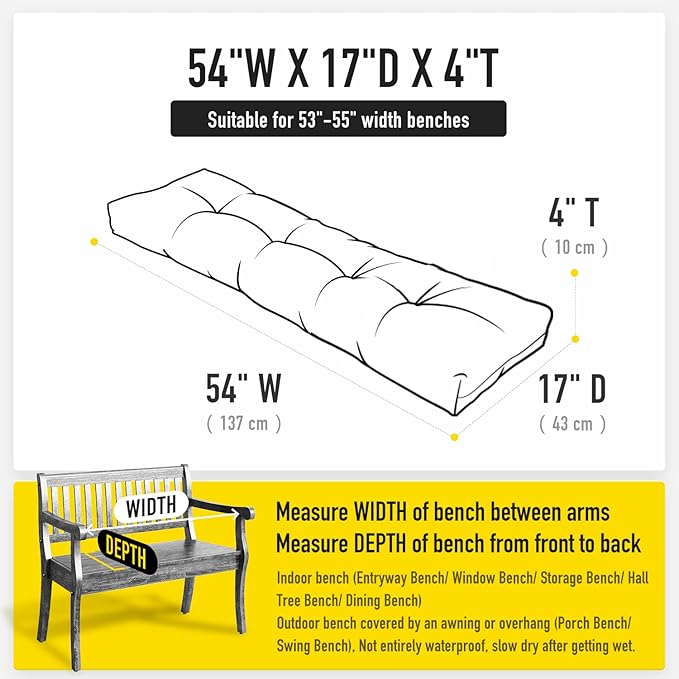 SUNROX LokGrip Non Slip Tufted Memory Foam Bench Cushion, FadeShield Water Resistant Durable Thicken Outdoor/Indoor Bench Seat Pads 54x16x4 inch, Navy