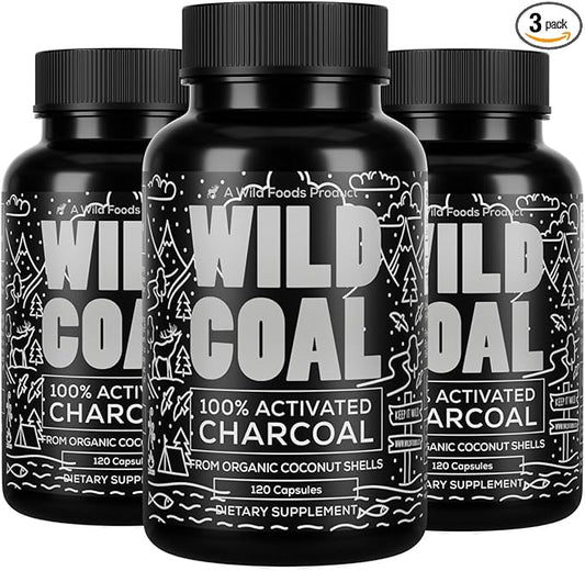 Wild Foods Activated Charcoal Capsules | 100% Organic Coconut Shells Active Tablets | Lab Tested & Non-GMO Detox Pills | USA (Three Bottles - 120 Capsules)