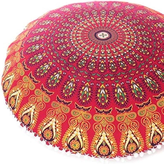 Eyes of India - Mandala Floor Pillow Cover Meditation Cushion Seating Throw Hippie Round Colorful Decorative Bohemian Indian Pouf Ottoman Handmade Cover ONLY (A1 Red, 32" x 32")