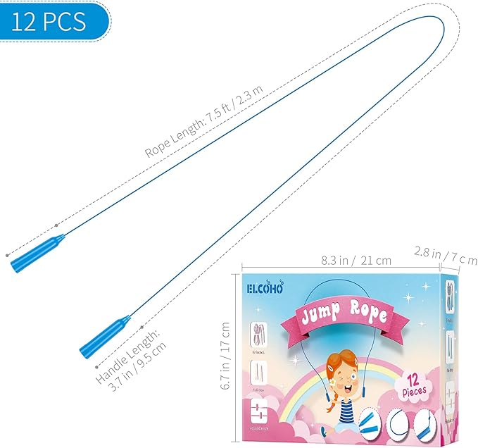 Elcoho 12 Pack Kids Jump Rope Set 7.5 Feet Plastic Jump Ropes Kids Adjustable Colorful Skipping Rope for Outdoor Indoor Fun Game Exercise Fitness Training and Party Favors