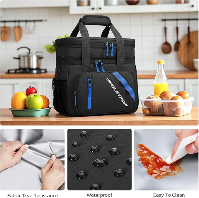 Maelstrom Lunch Box, 20L Insulated Lunch Bag for Men Women, Expandable Double Deck Leakproof Cooler Bag with 6 Pockets, Reusable Lunch Tote Bag for Work, Picnic, Travel, Black