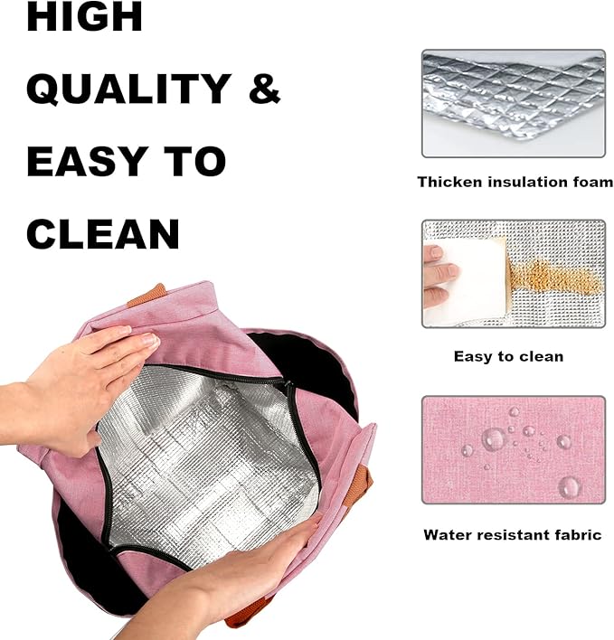 Joymee Lunch Bag Women Insulated Lunch Box Reusable Leakproof Large Spacious Cooler Tote for Womens Mens Adults with Bottle Holder and Side Pockets for Work Office Travel Picnic - Light Pink