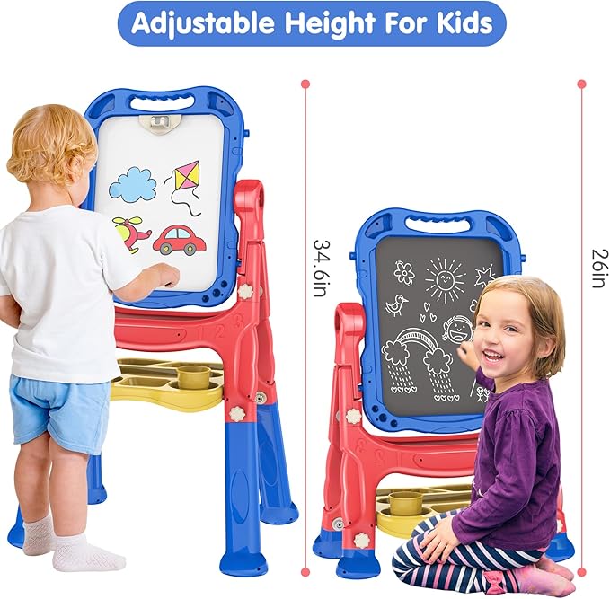 Amagoing Art Easel for Kids Age 3 4 5, Adjustable Standing Toddler Easel Drawing White Board Chalkboard with Painting Accessories, Birthday Gifts Learning Educational Toy for Boys Girl 3-5 Year Old