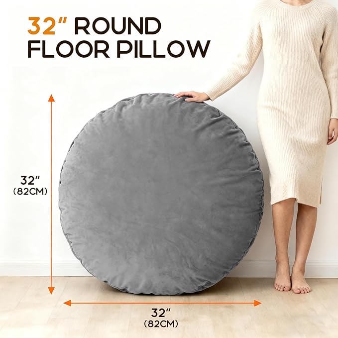32" Round Floor Pillow with 13" Thick Padding, Velvet Meditation Cushion for Yoga & Lounge Seating, Large Ottoman Replacement Floor Mat for Adults, Decorative Accent Pillow (Grey)