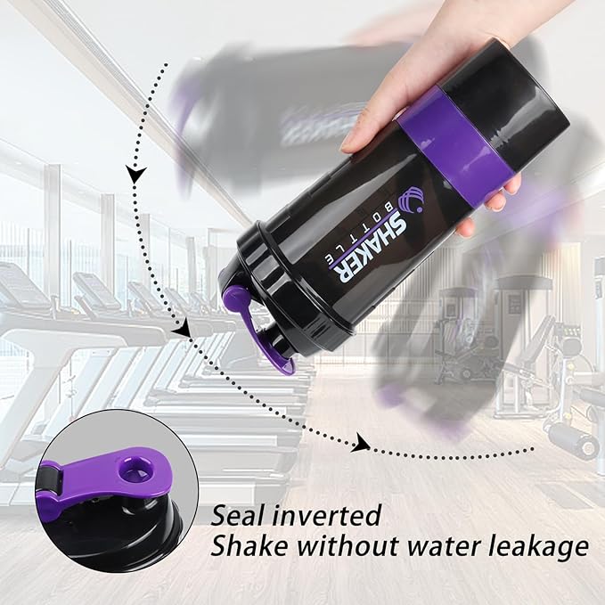 Shaker Bottle - Protein Shaker Cup with Storage Compartments - Leak-proof Workout Shake Bottles with Mixer for Smooth Mixing-500ML/16oz (PURPLE & BLACK)