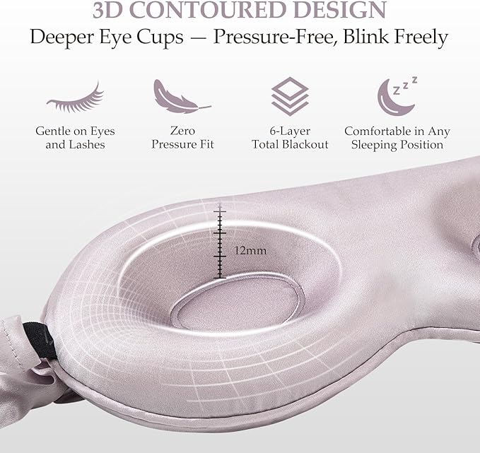 100% Mulberry Silk Sleep Mask for Unisex, 22 Momme 3D Silk Contoured Eye Mask, Breathable Light Blocking Blindfold with Adjustable Strap, Blackout Eye Cover for Travel, Dusty Purple