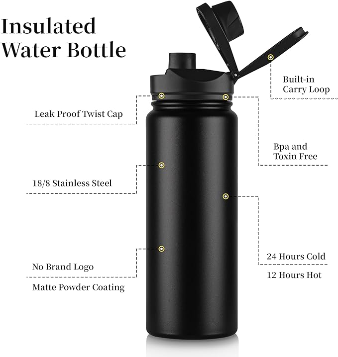 24 oz Insulated Water Bottle Bulk 8 Pack, Stainless Steel Sports Water Bottles with Straw Lid & Wide Mouth Lids, Double Walled Vacuum, Leak Proof, Black