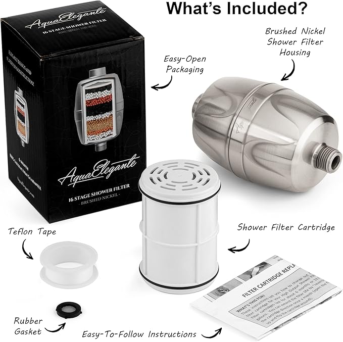 Aqua Elegante 16-Stage Shower Filter - Universal Showerhead Water Filters To Remove Chlorine + Hard Minerals - Bath Purifier And Best Filtered Softener System With Activated Charcoal - Brushed Nickel
