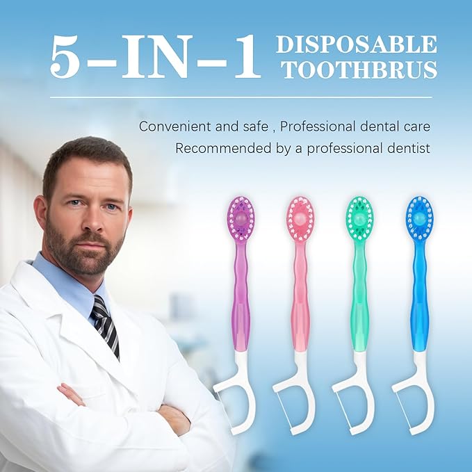 26Pack 5 in 1 Toothbrush & Floss,5 in 1 mini Toothbrush & Floss & Tongue Scraper & Toothpick Set,Disposable Toothbrushes with Toothpaste, Portable Oral Care for Travel Work (1bag) (1 Bag)
