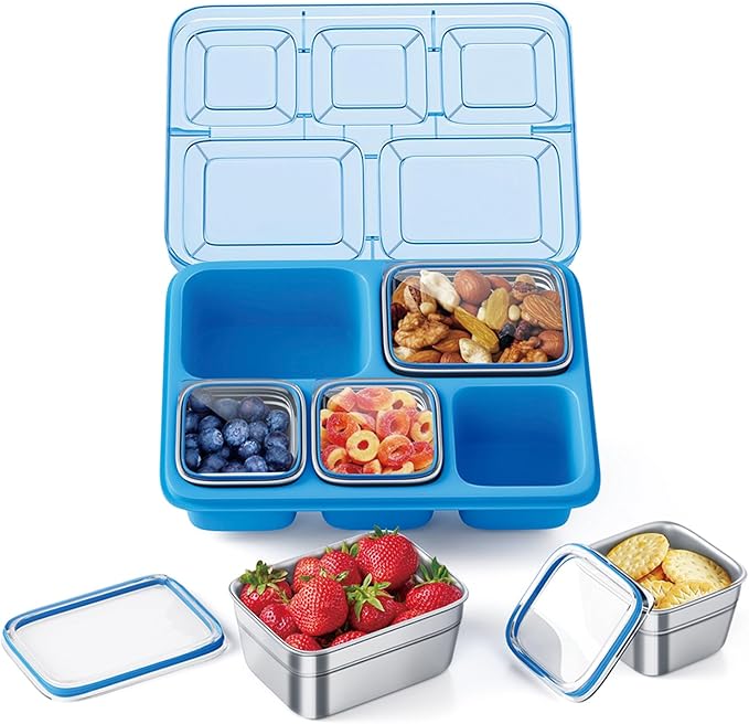 Freshmage Stainless Steel Snackle Box Container, 5 Compartment Lunch Bento Box, Reusable Food Storage Snack Box for School, Work, and Travel, BPA Free and Dishwasher Safe, Blue (1 Pack)