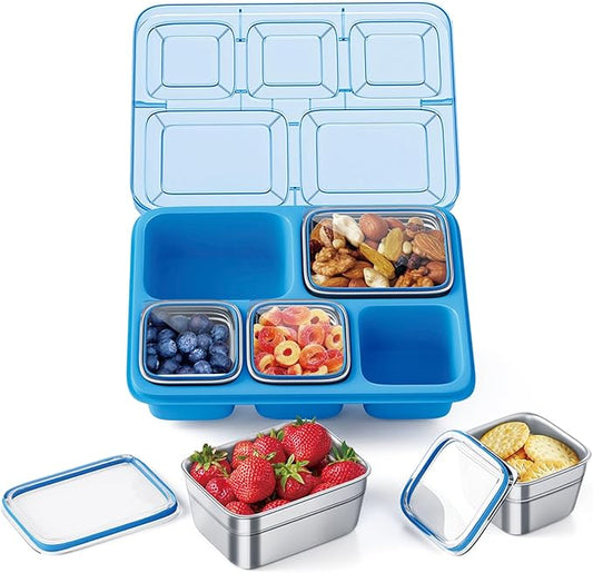 Freshmage Stainless Steel Snackle Box Container, 5 Compartment Lunch Bento Box, Reusable Food Storage Snack Box for School, Work, and Travel, BPA Free and Dishwasher Safe, Blue (1 Pack)