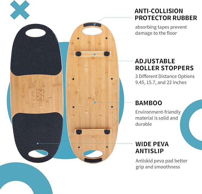 XCMAN Balance Board Surf Trainer with Adjustable Stoppers - 3 Different Distance Options Bamboo Balance Board for Surfing, Snowboarding, Skiing, Skateboarding, Yoga Training