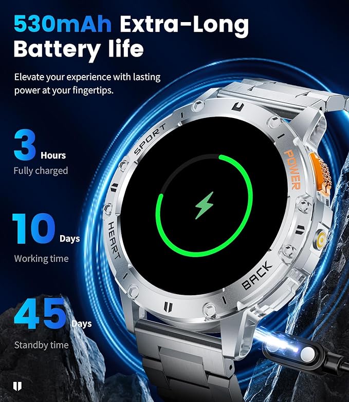 Smart Watch for Men for Android/iPhone(3 Straps),1.43’’ AMOLED Display Sport Watch with 123 Sport Modes/FlashLight,5ATM Waterproof Fitness Watch with Blood Pressure/Heart Rate Monitor,Silver Metal