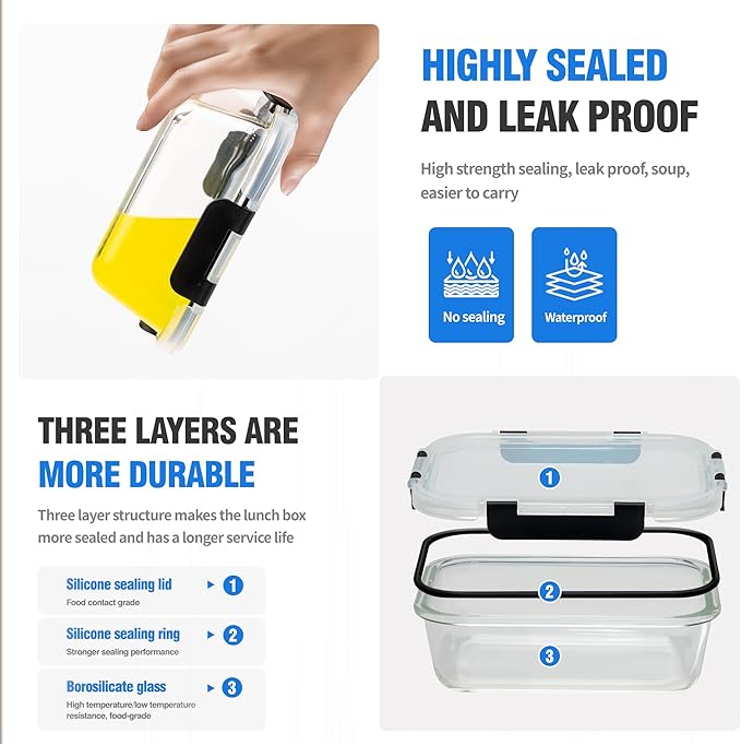 5-Piece Set, 36 oz Glass Meal Prep Containers with Snap-Lock Lids, Airtight Lunch Containers, Microwave, Oven, Refrigerator & Dishwasher Safe,Black