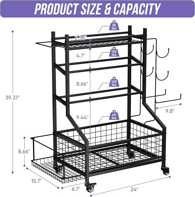 WUC Adjustable Dumbbell Rack, Weight Rack for Home Gym Storage, All-in-One Workout Equipment Storage with Wheels and Hooks for Dumbbells, Kettlebells, Yoga Mats & Balls, Durable Powder Coated Steel