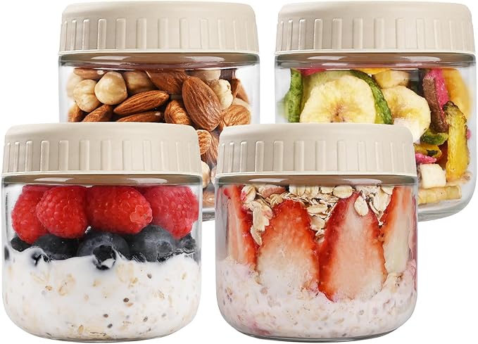 Overnight Oats Containers with Lids, 10oz Glass Jars with Lids 4 pcs, Apricot, Wide Mouth Mason jars for Salad, Yogurt, Snacks, Meal Prep