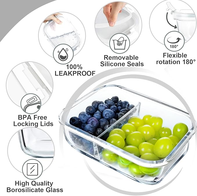 VERONES 10 Pack Glass Meal Prep Containers 2 Compartment Set, 30 OZ Airtight Glass Lunch Containers, Food Storage Containers with Lids, for Microwave, Oven, Freezer & Dishwasher Friendly,White
