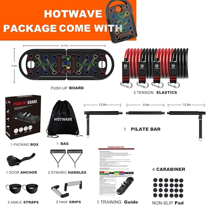 HOTWAVE Portable Exercise Equipment with 16 Gym Accessories.20 in 1 Push Up Board Fitness,Resistance Bands with Ab Roller Wheel,Full Body Workout at Home