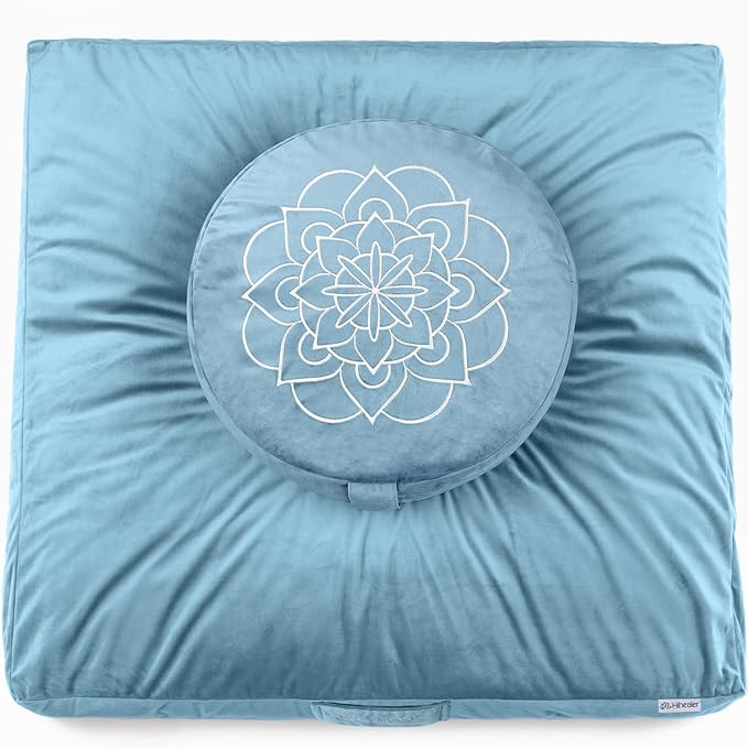 Hihealer Meditation Cushion Set Large Velvet Floor Pillow & Traditional Tibetan Yoga Bolster for Adults Zafu Meditation Mat with Buckwheat Filling