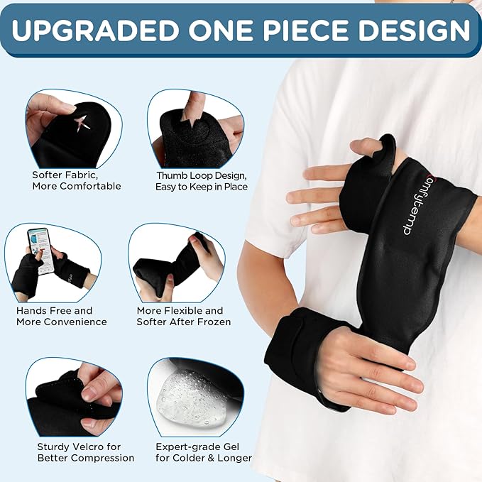 Comfytemp Wrist Ice Pack Wrap for Carpal Tunnel Relief, 2 Gel Packs, Hot Cold Compression Brace for Hand Injuries Reusable, Tenosynovitis, Men Women Gift (Black)